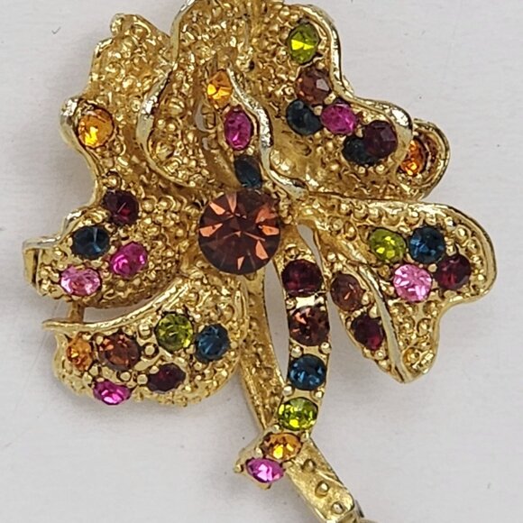 VTG Gold-Tone Floral Dangle Drop Earrings Multicolor Rhinestones Fall Fashion - Picture 4 of 10